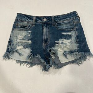 American Eagle Hi Rise Shortie Denim Shorts Size 4 Distressed Raw Hem Stretch
